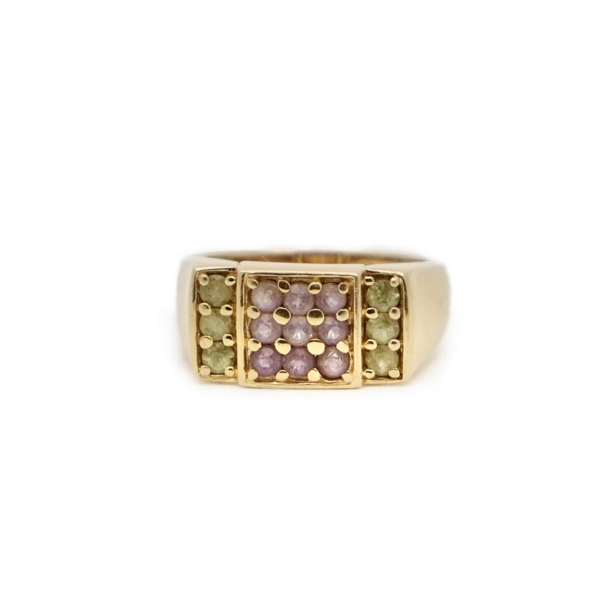 Bague Chevalière en or jaune, améthystes et péridots - Castafiore