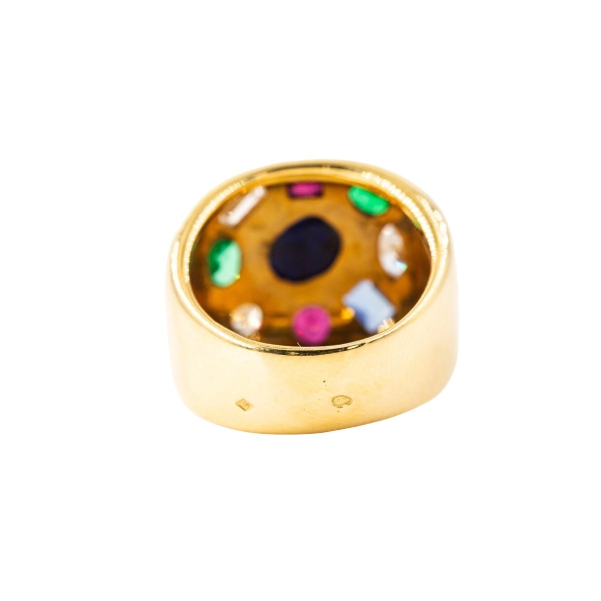Bague Chevalière en or jaune, émeraudes, rubis, saphirs et diamants - Castafiore