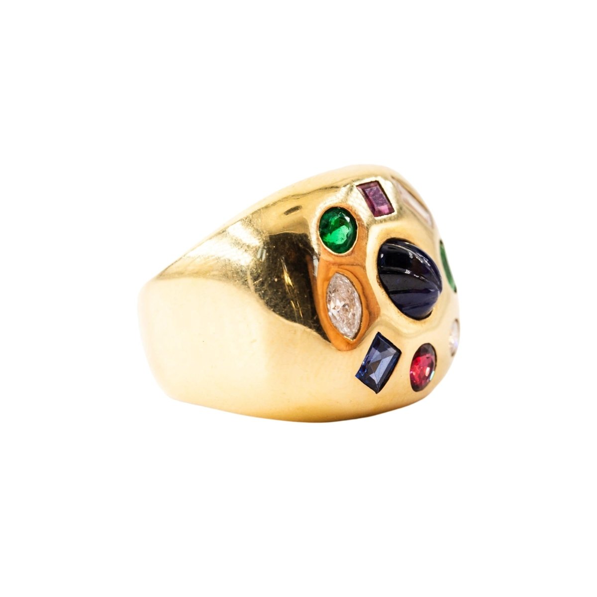 Bague Chevalière en or jaune, émeraudes, rubis, saphirs et diamants - Castafiore