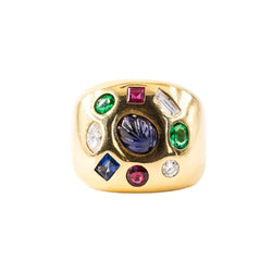 Bague Chevalière en or jaune, émeraudes, rubis, saphirs et diamants - Castafiore