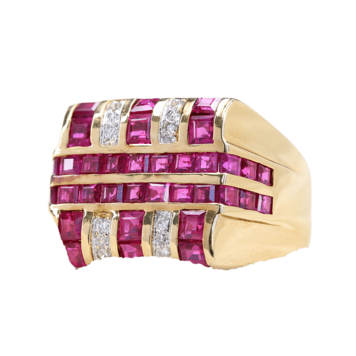 Bague Chevalière en or jaune, rubis et diamants - Castafiore