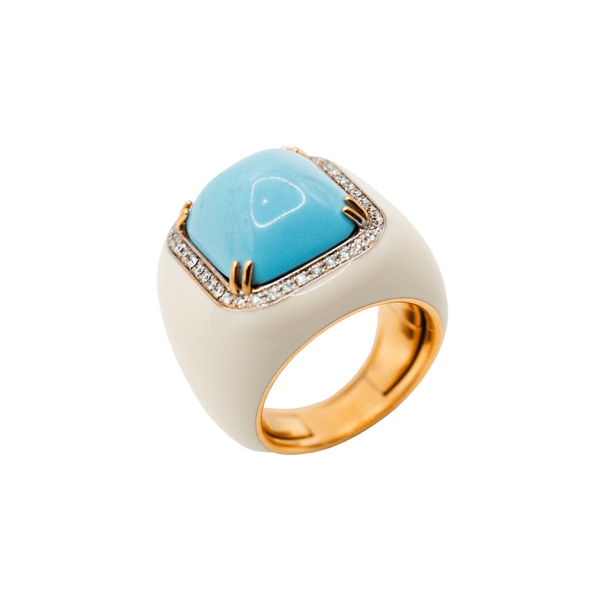 Bague Chevalière en or jaune, turquoise et diamants - Castafiore