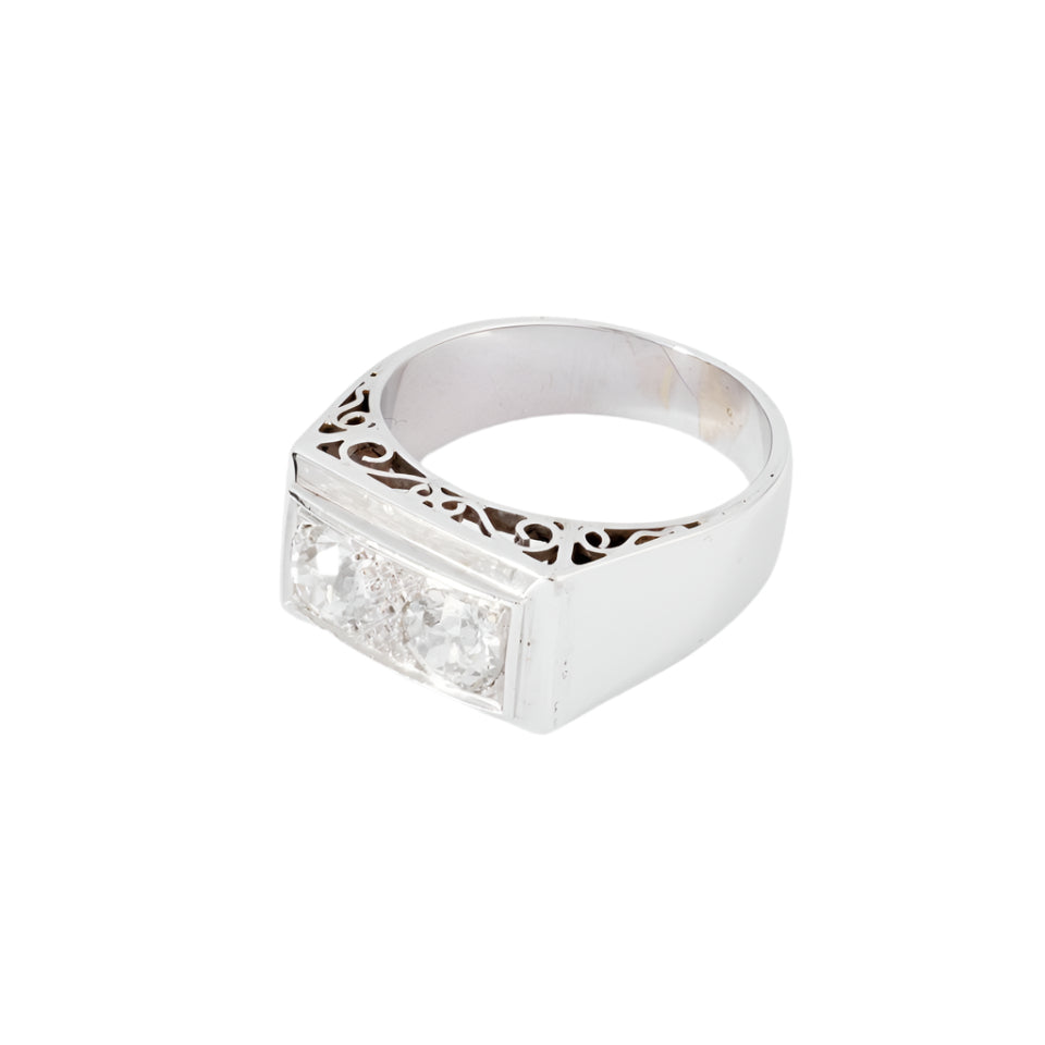 Bague chevaliere en platine ornée de 2 diamants - Castafiore