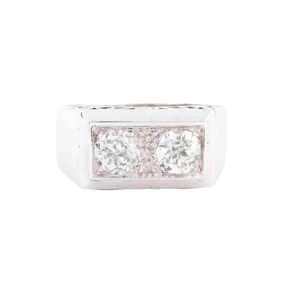 Bague chevaliere en platine ornée de 2 diamants - Castafiore