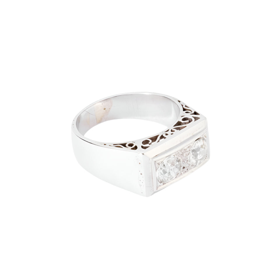 Bague chevaliere en platine ornée de 2 diamants - Castafiore