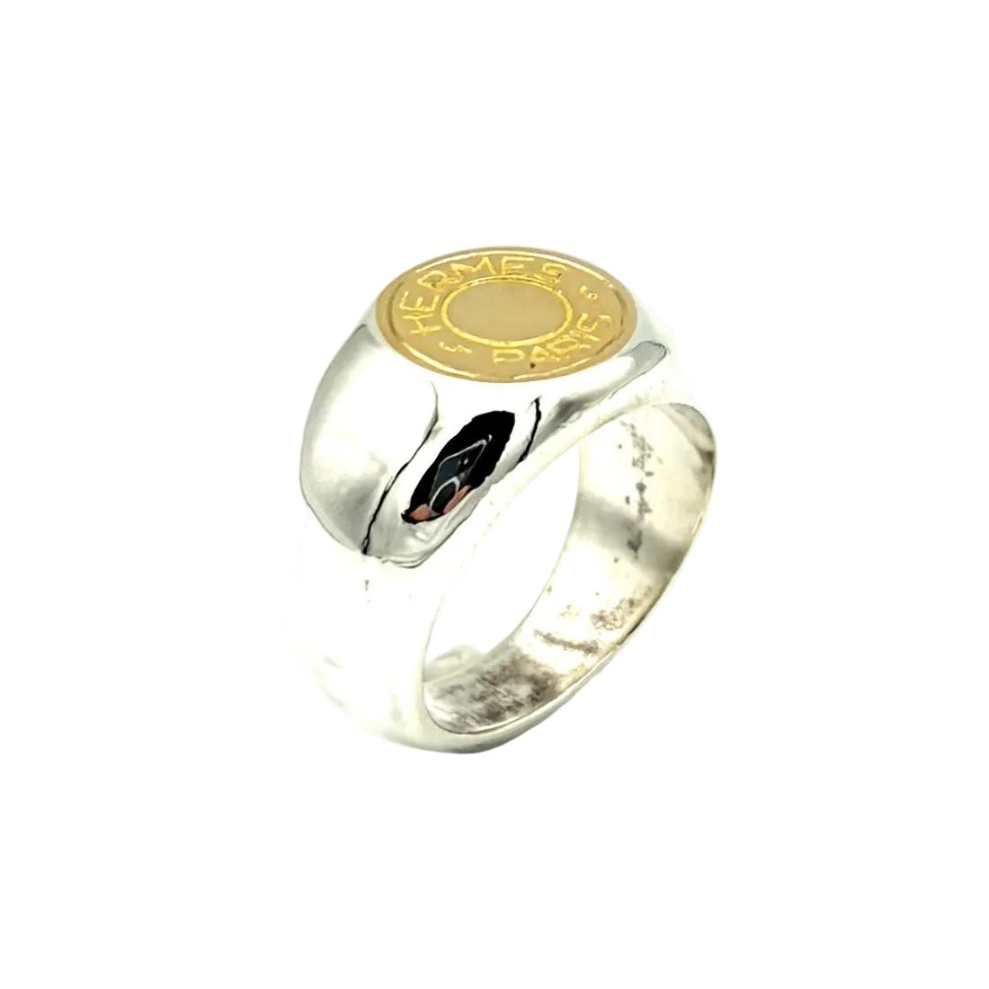 Bague Chevalière HERMÈS "Clou de Selle" en or jaune et argent - Castafiore