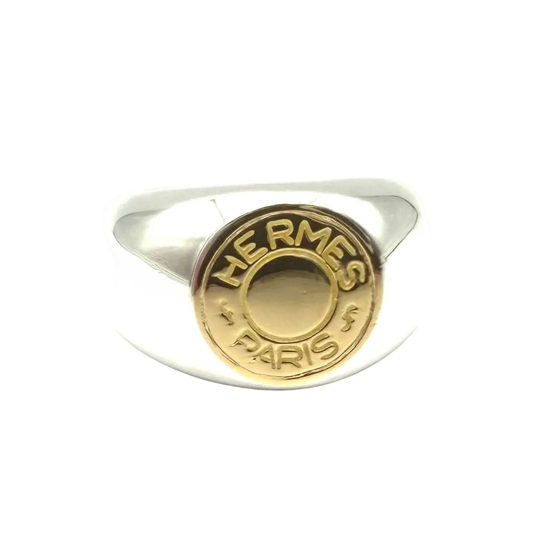 Bague Chevalière HERMÈS "Clou de Selle" en or jaune et argent - Castafiore