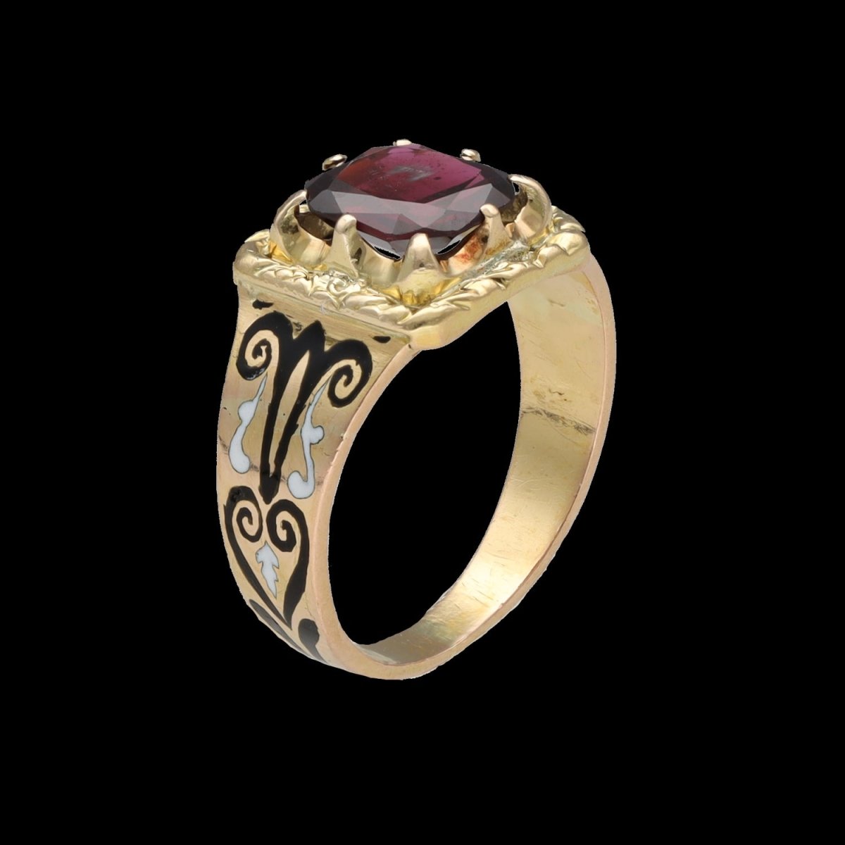 Bague chevalière Napoléon III en or jaune 18K avec émail et grenat – Taille 54 - Castafiore