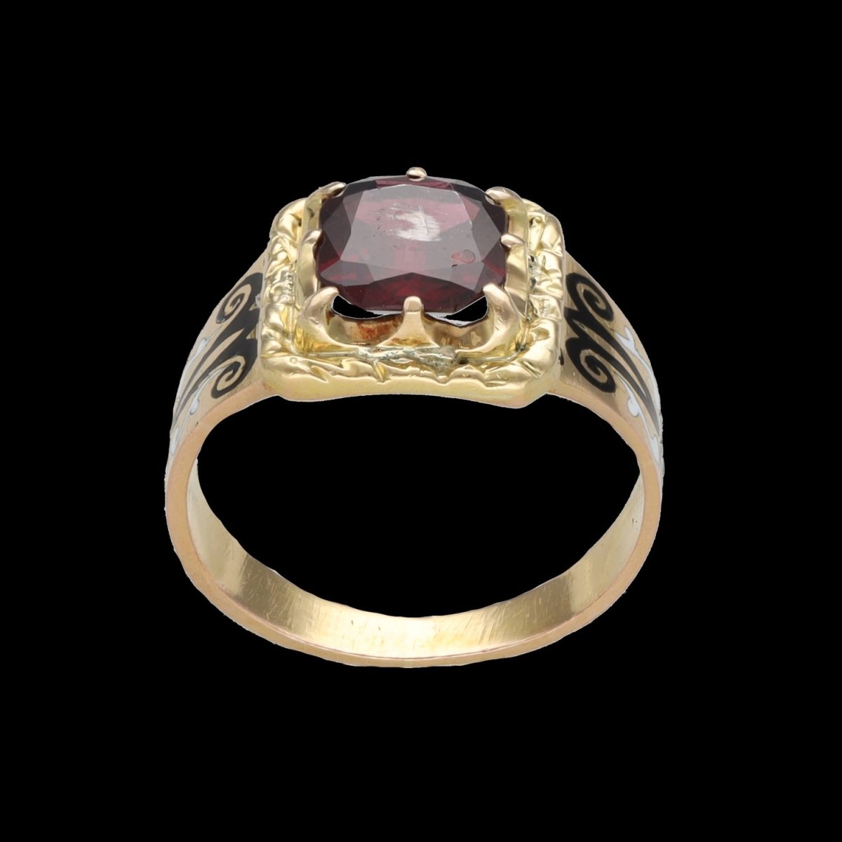 Bague chevalière Napoléon III en or jaune 18K avec émail et grenat – Taille 54 - Castafiore