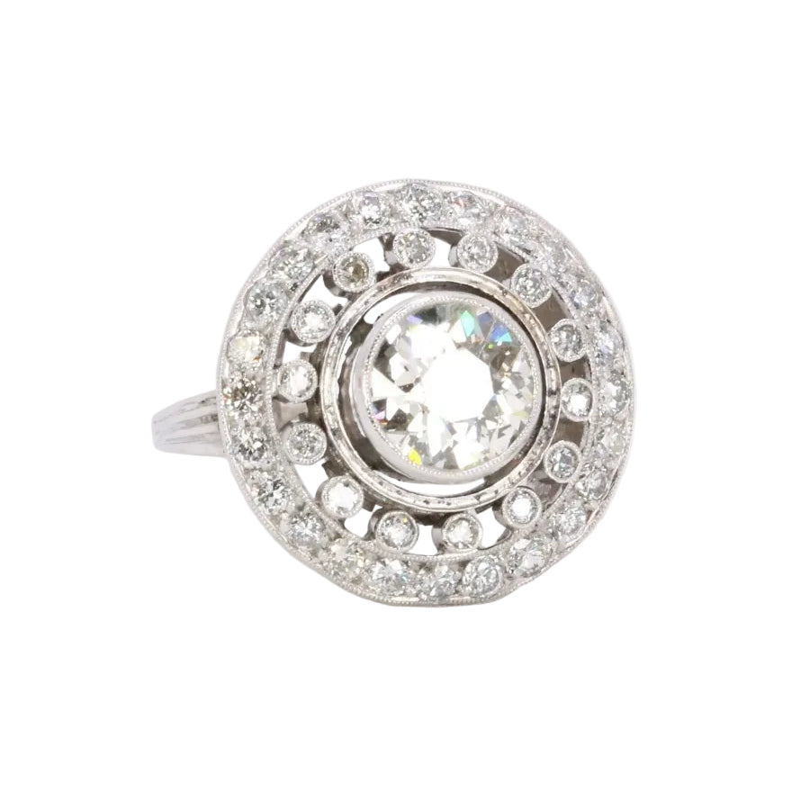 Bague cible double entourage diamants taille ancienne 2 carats - Castafiore