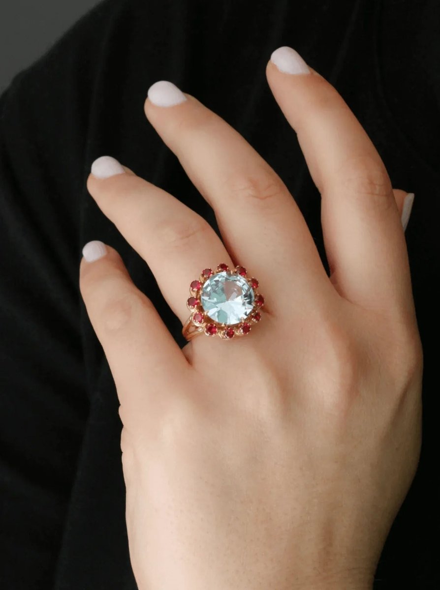 Bague cocktail aigue marine rubis - Castafiore