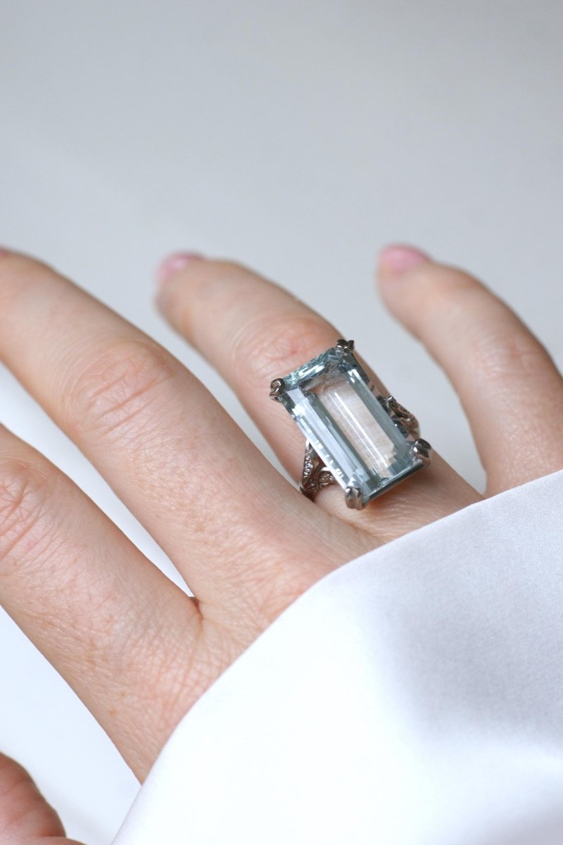 Bague Cocktail Art Déco Aigue Marine & Diamants - Castafiore