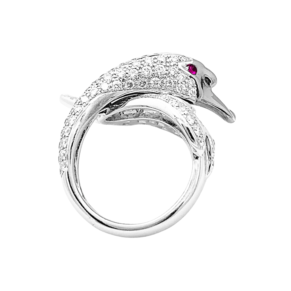 Bague Cocktail BOUCHERON "Cypris le Cygne" en or blanc, rubis et diamants - Castafiore