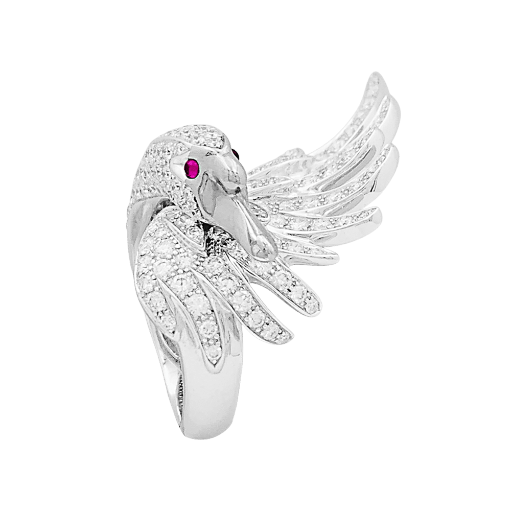 Bague Cocktail BOUCHERON "Cypris le Cygne" en or blanc, rubis et diamants - Castafiore