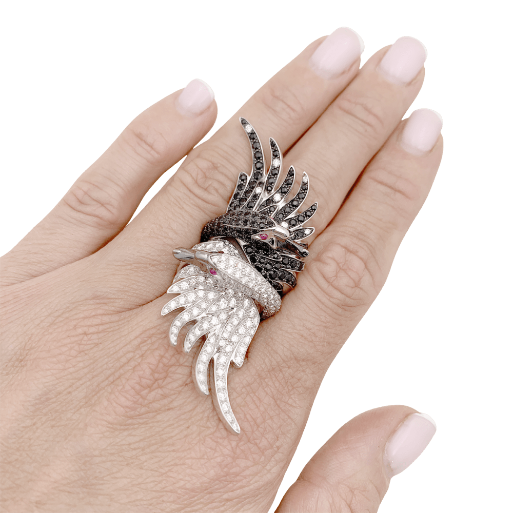 Bague Cocktail BOUCHERON "Cypris le Cygne" en or blanc, rubis et diamants - Castafiore