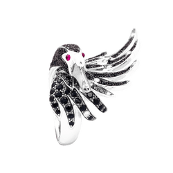 Bague Cocktail BOUCHERON "Cypris le Cygne" en or blanc, saphirs, rubis et diamants - Castafiore