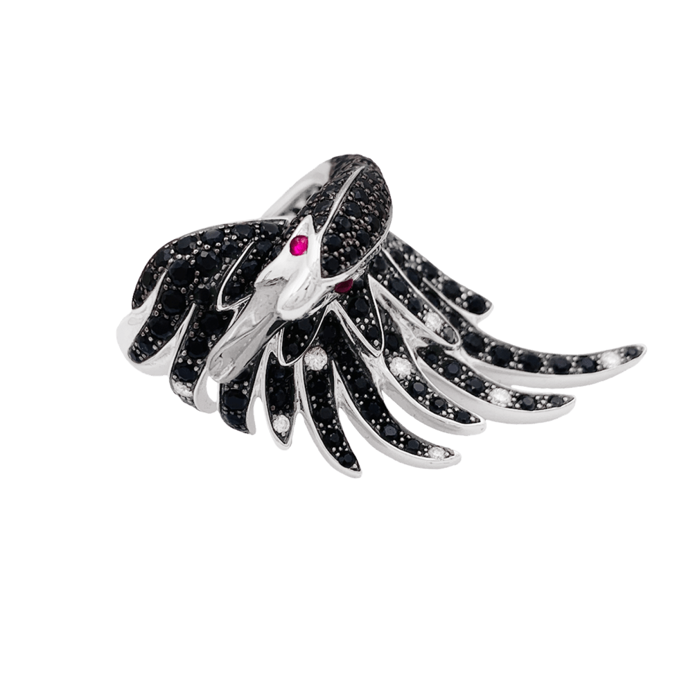 Bague Cocktail BOUCHERON "Cypris le Cygne" en or blanc, saphirs, rubis et diamants - Castafiore
