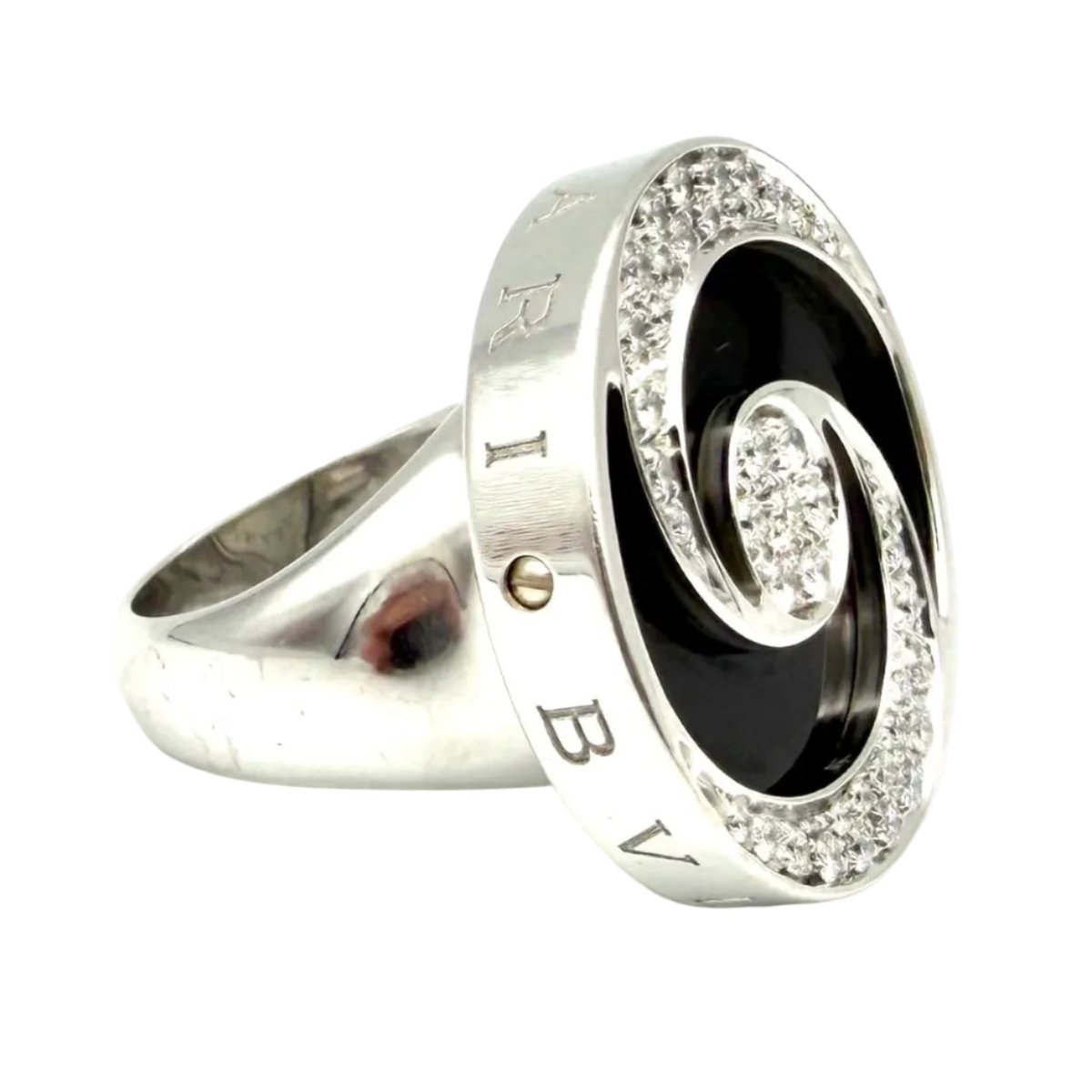 Bague Cocktail BULGARI "Optical" en or blanc, acier, onyx et diamants - Castafiore