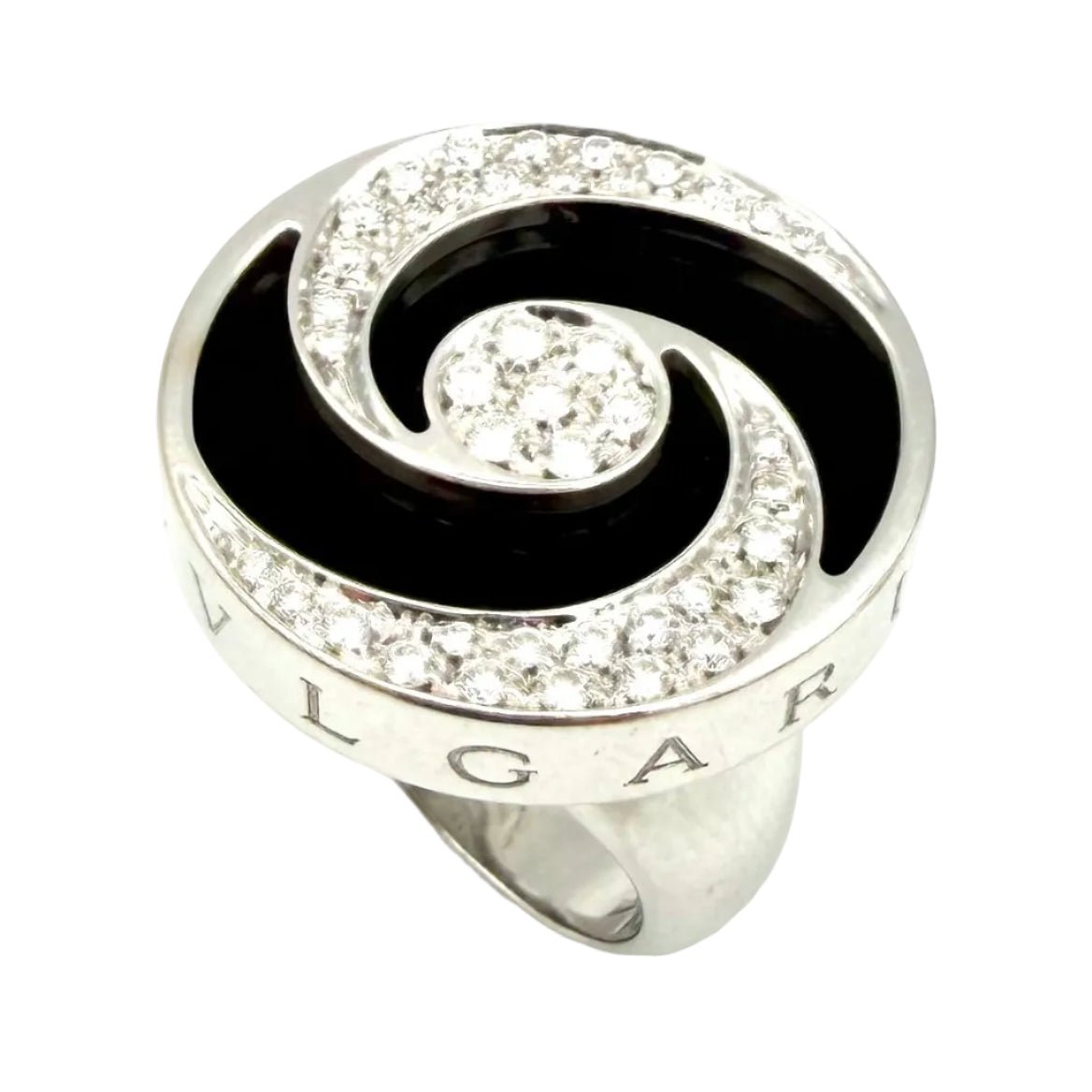 Bague Cocktail BULGARI "Optical" en or blanc, acier, onyx et diamants - Castafiore