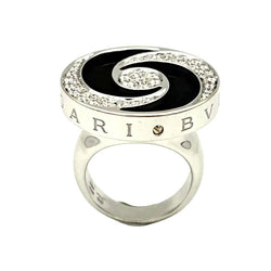 Bague Cocktail BULGARI "Optical" en or blanc, acier, onyx et diamants - Castafiore