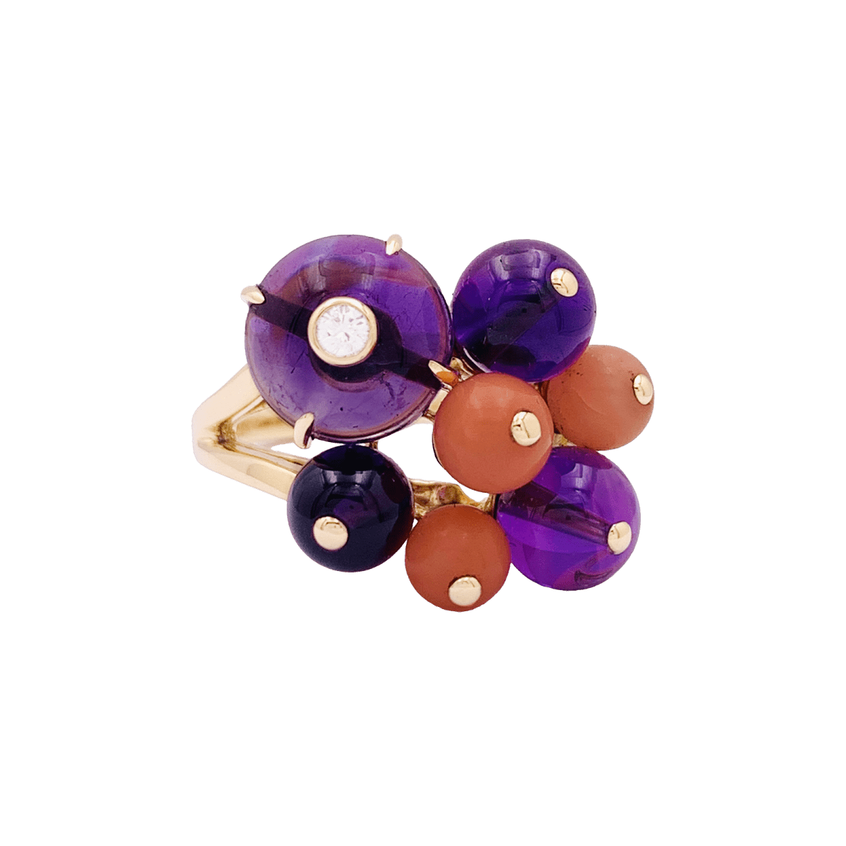Bague Cocktail CARTIER "Délices de Goa" en or jaune, corail, améthyste et diamant - Castafiore