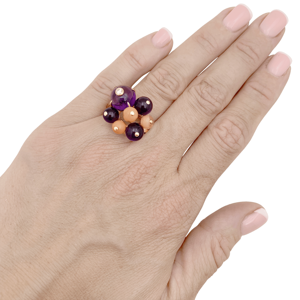 Bague Cocktail CARTIER "Délices de Goa" en or jaune, corail, améthyste et diamant - Castafiore