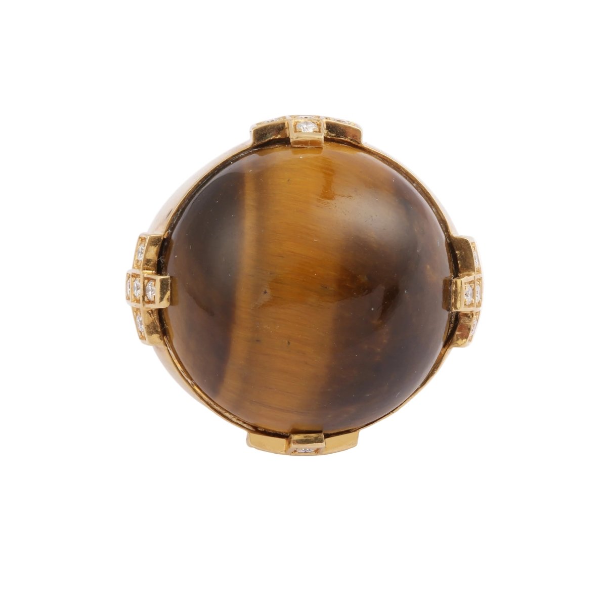 Bague Cocktail C.ESCHER en or jaune, oeil de tigre et diamants - Castafiore