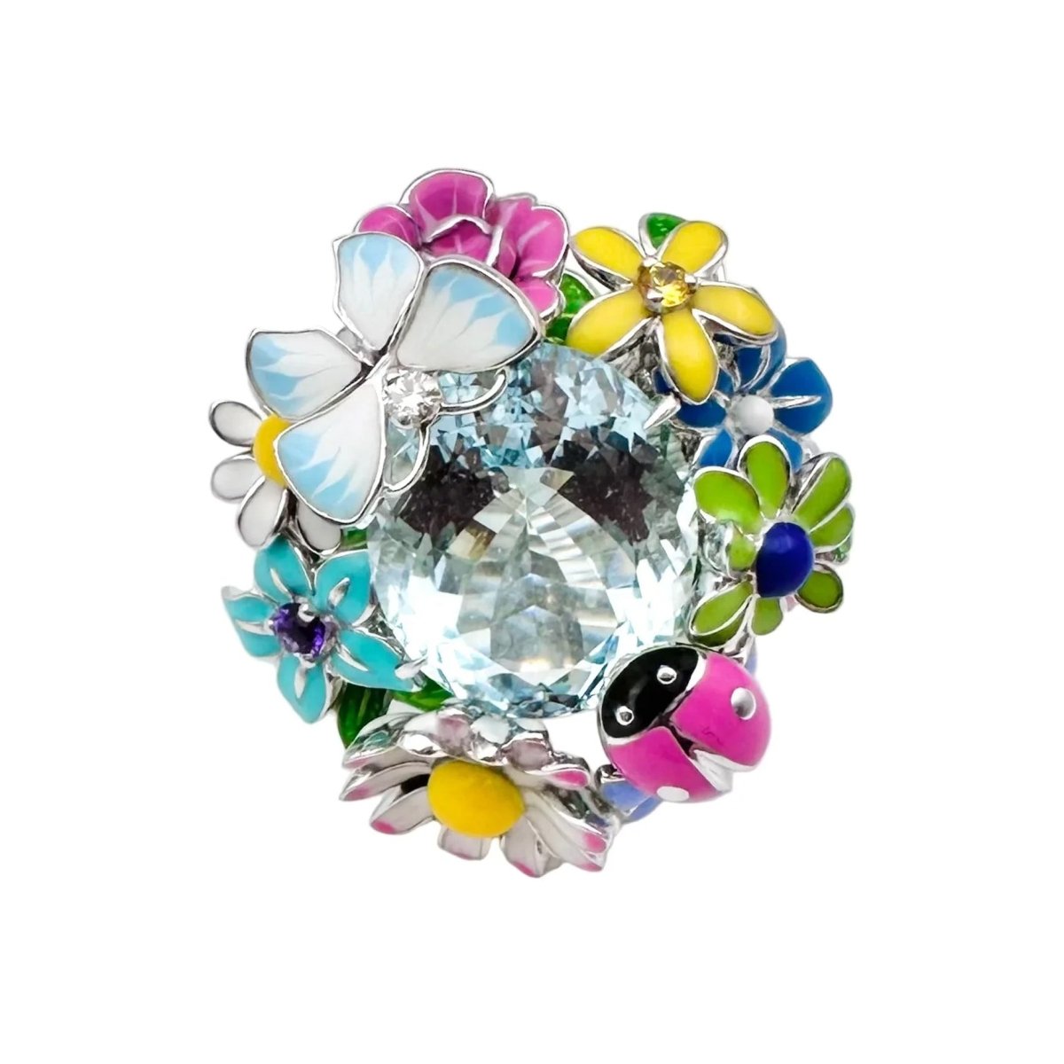 Bague Cocktail DIOR "Diorette" Milly - la - forêt en or blanc, aigue - marine, émail, améthyste, saphir, grenat et diamant - Castafiore