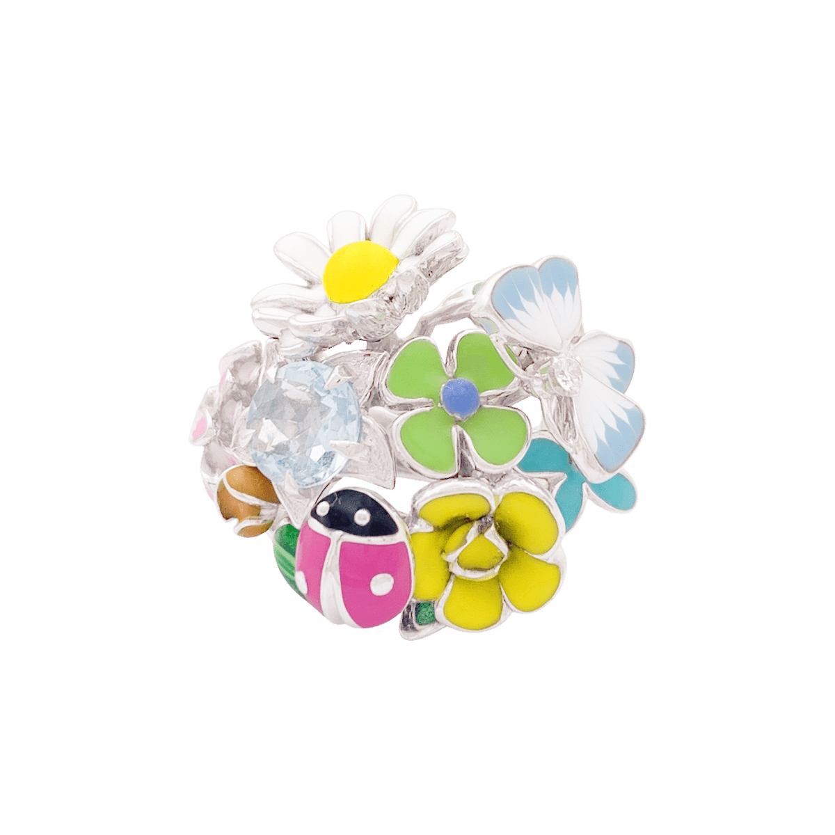 Bague Cocktail DIOR "Jardin de Milly la forêt" en or blanc, émail et aigue - marine - Castafiore