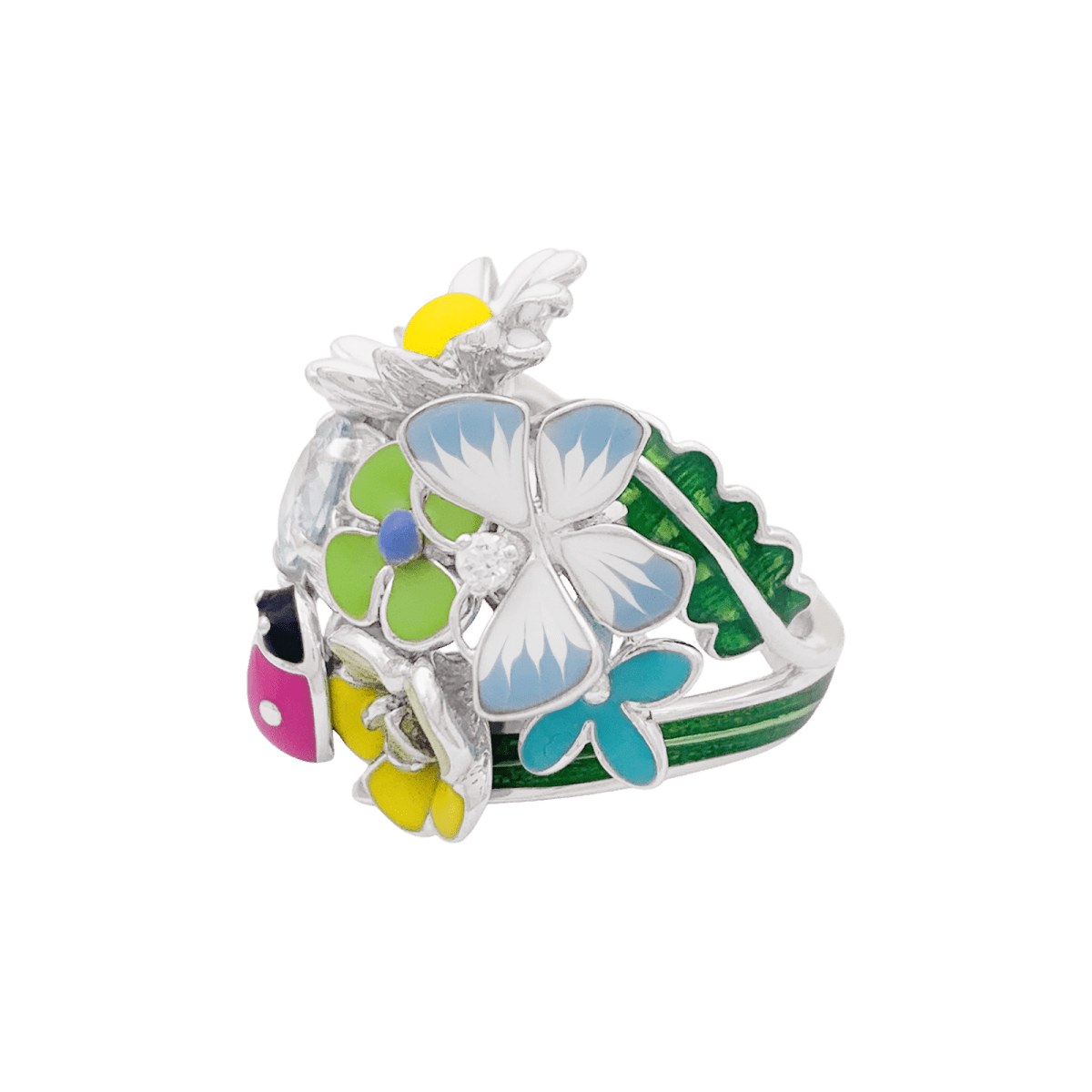 Bague Cocktail DIOR "Jardin de Milly la forêt" en or blanc, émail et aigue - marine - Castafiore