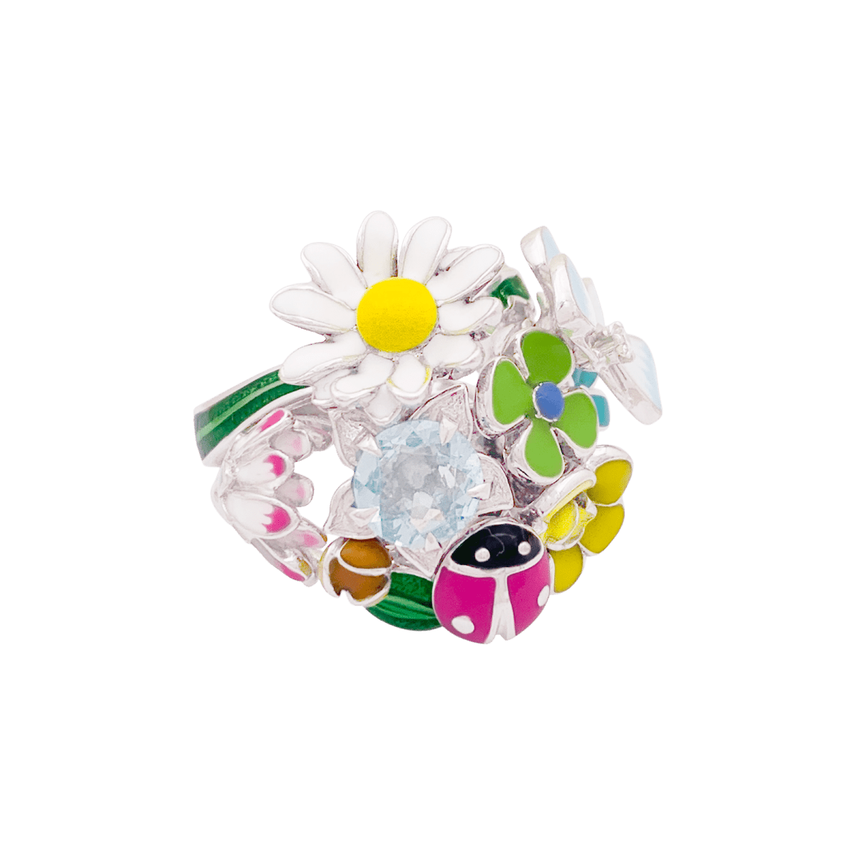 Bague Cocktail DIOR "Jardin de Milly la forêt" en or blanc, émail et aigue - marine - Castafiore