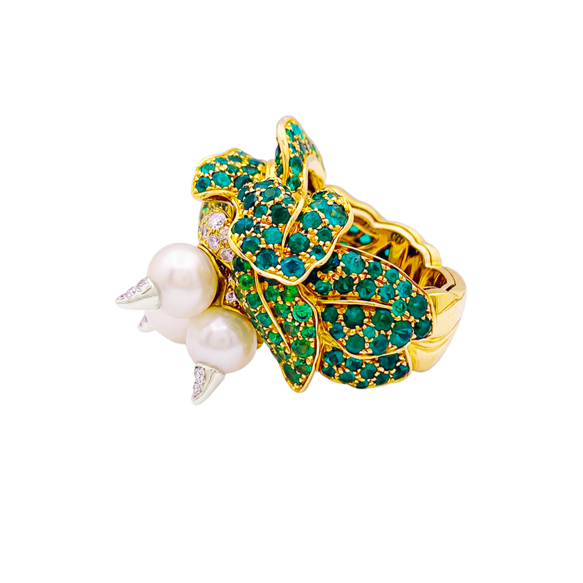 Bague Cocktail DIOR "Jardins de Milly-la-Forêt” en blanc, or jaune, émeraudes, tsavorites, perles et diamants - Castafiore