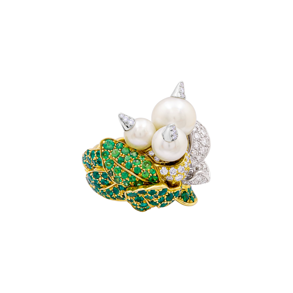 Bague Cocktail DIOR "Jardins de Milly-la-Forêt” en blanc, or jaune, émeraudes, tsavorites, perles et diamants - Castafiore