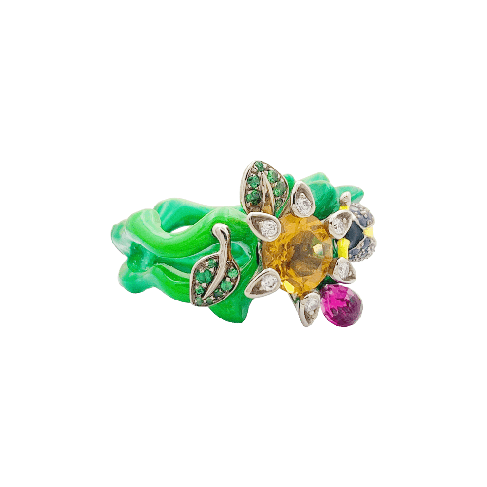 Bague Cocktail DIOR "Milly Carnivora" en or blanc, laque, citrine, améthyste, tourmaline, tsavorites, saphirs et diamants - Castafiore