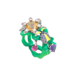Bague Cocktail DIOR "Milly Carnivora" en or blanc, laque, citrine, améthyste, tourmaline, tsavorites, saphirs et diamants - Castafiore