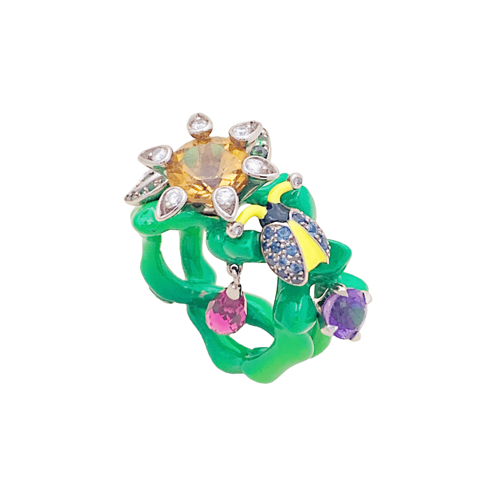 Bague Cocktail DIOR "Milly Carnivora" en or blanc, laque, citrine, améthyste, tourmaline, tsavorites, saphirs et diamants - Castafiore