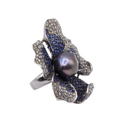 Bague Cocktail en argent, perle, saphirs et diamants - Castafiore