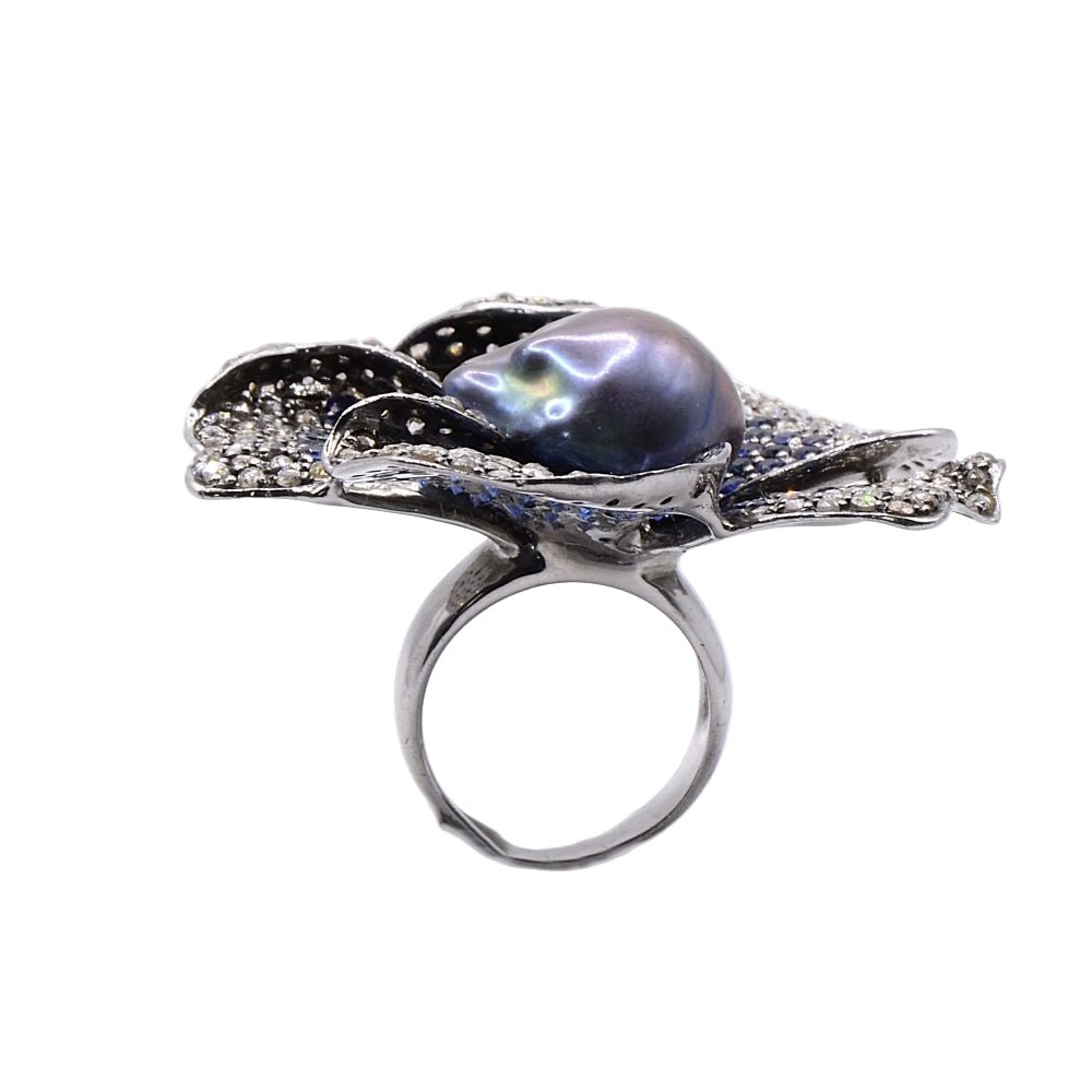 Bague Cocktail en argent, perle, saphirs et diamants - Castafiore