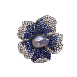 Bague Cocktail en argent, perle, saphirs et diamants - Castafiore