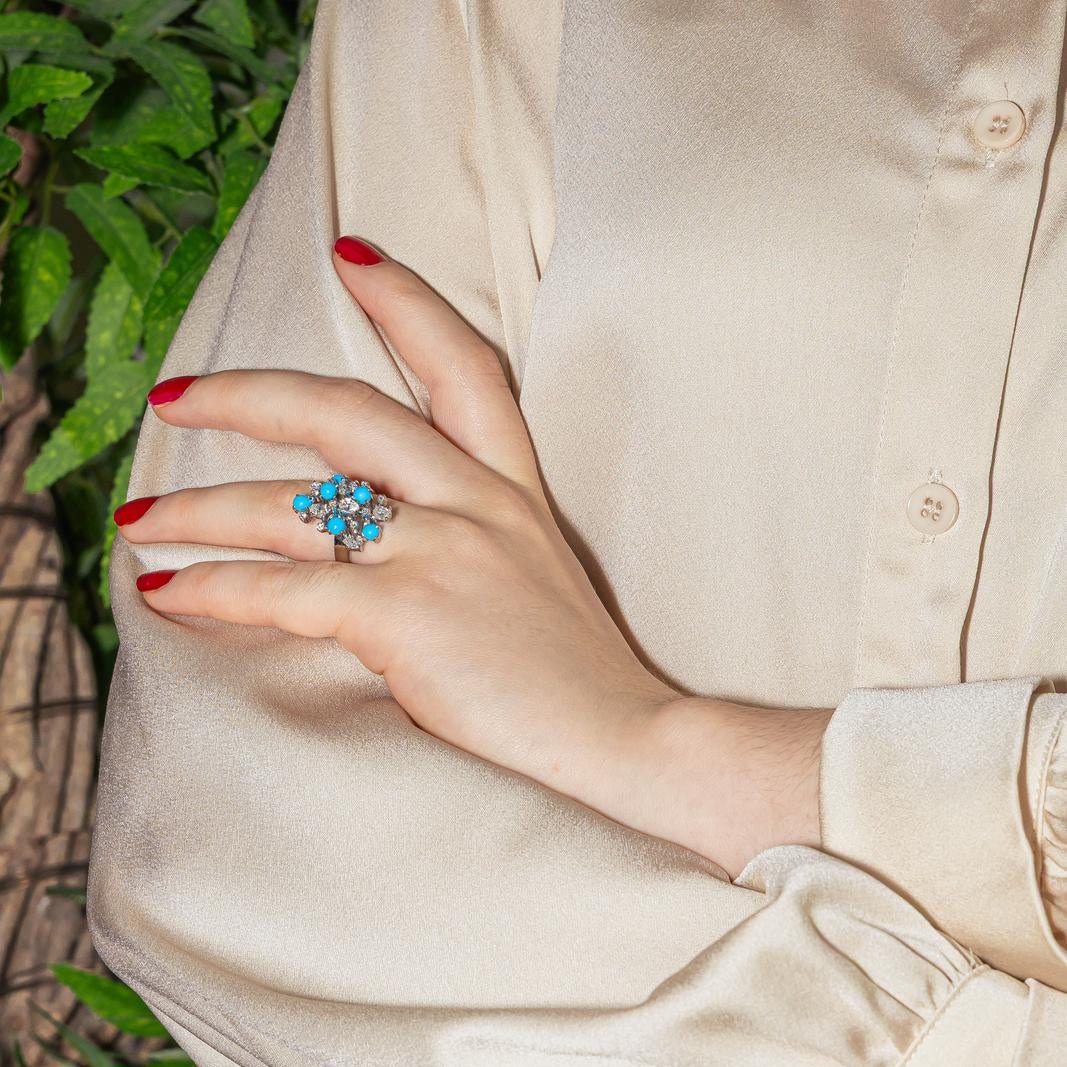 Bague Cocktail en argent, turquoise et diamants - Castafiore