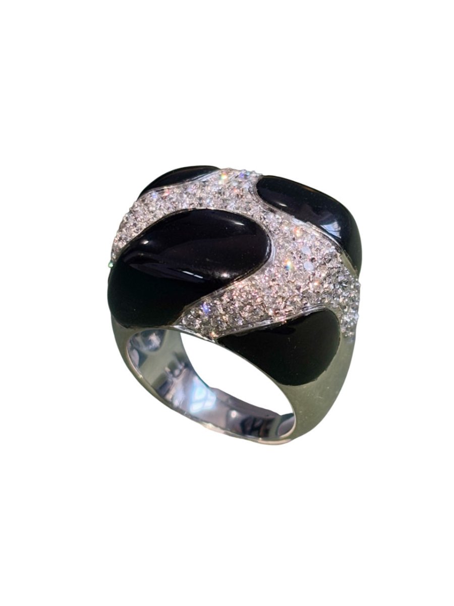 Bague cocktail en or 18k, email et diamants à motif de zèbre - Castafiore