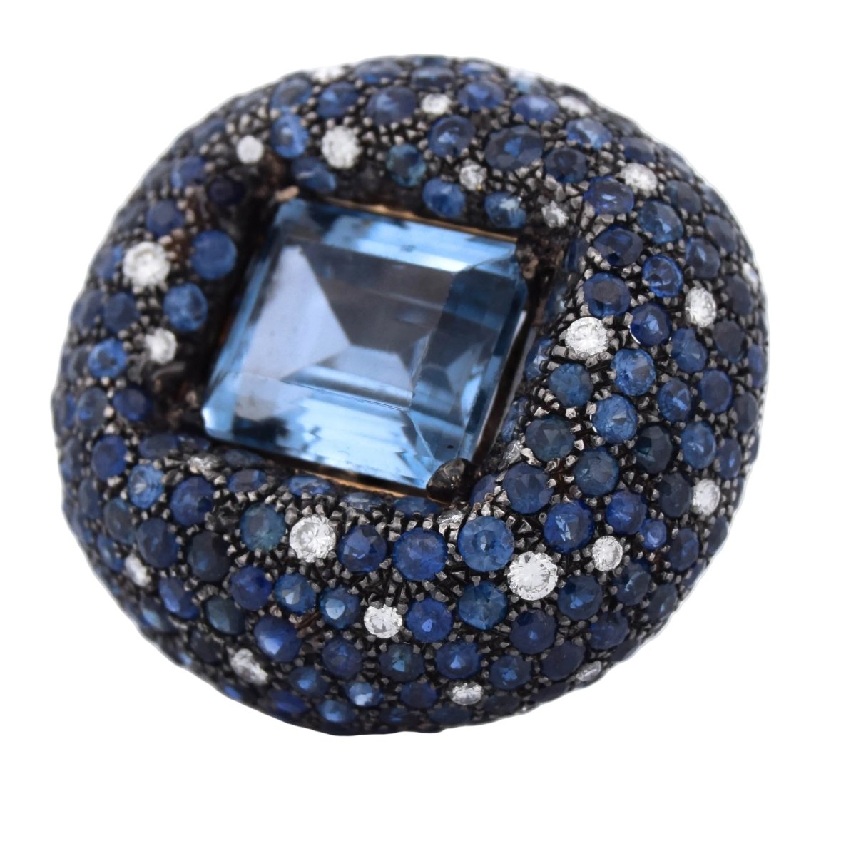 Bague Cocktail en or blanc, aigue - marine, saphirs et diamants - Castafiore