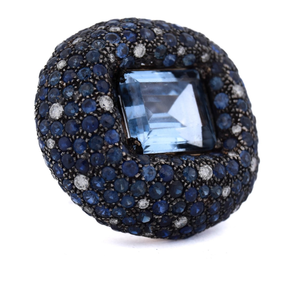 Bague Cocktail en or blanc, aigue - marine, saphirs et diamants - Castafiore