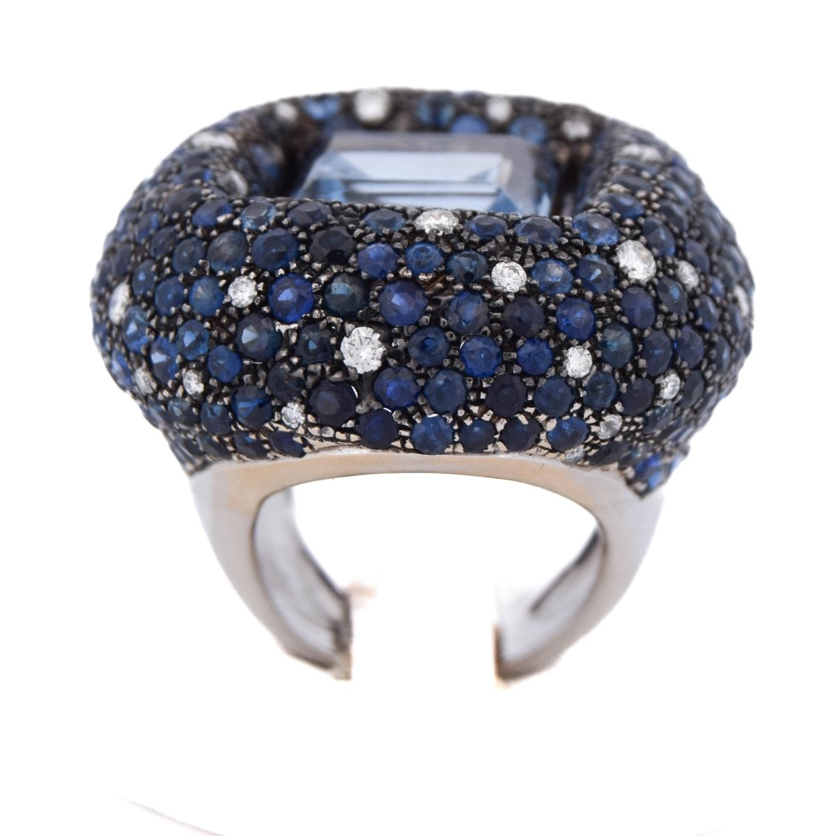 Bague Cocktail en or blanc, aigue - marine, saphirs et diamants - Castafiore