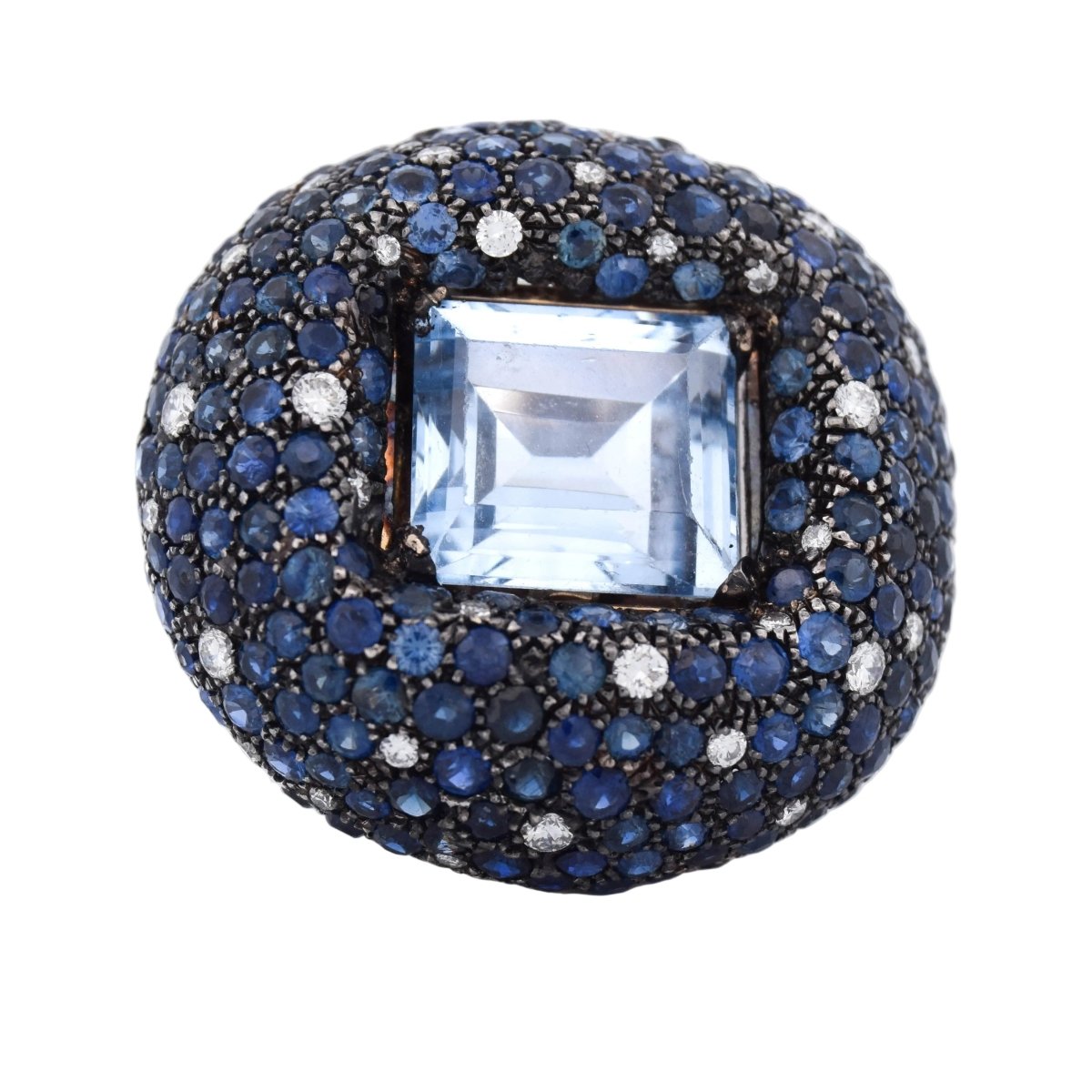 Bague Cocktail en or blanc, aigue - marine, saphirs et diamants - Castafiore