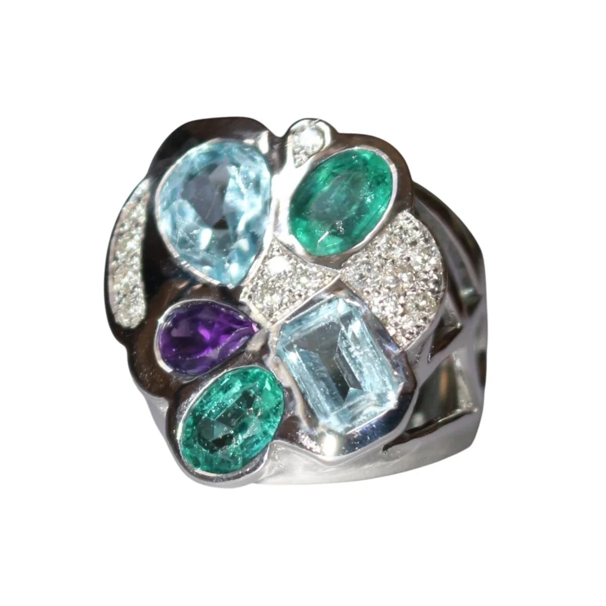 Bague Cocktail en or blanc, aigues-marines, émeraudes, améthyste et diamants - Castafiore