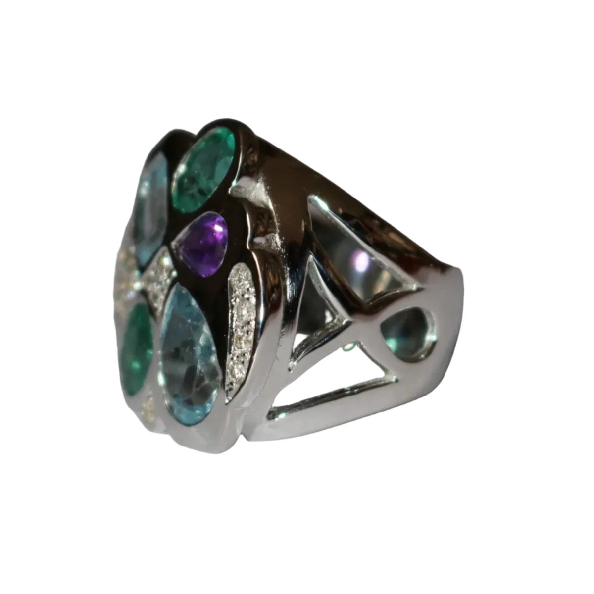 Bague Cocktail en or blanc, aigues-marines, émeraudes, améthyste et diamants - Castafiore