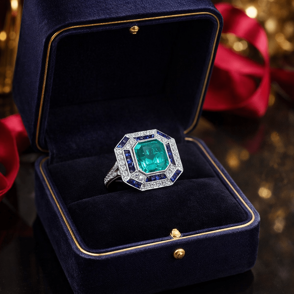Bague Cocktail en or blanc, émeraude, saphirs et diamants - Castafiore