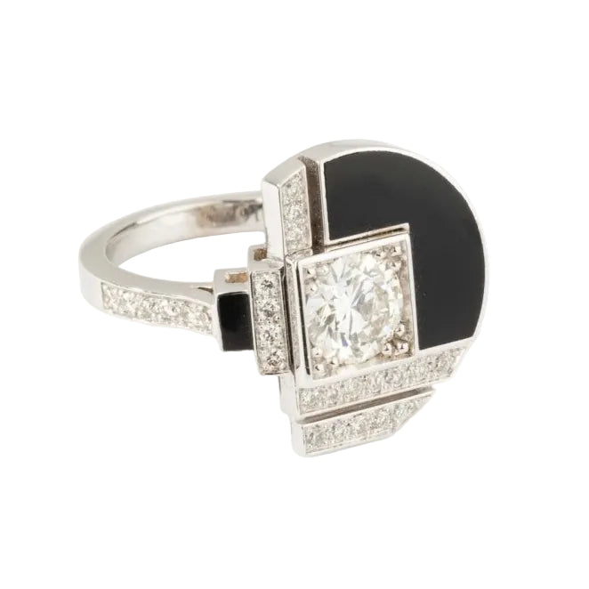 Bague Cocktail en or blanc, laque noire et diamants - Castafiore