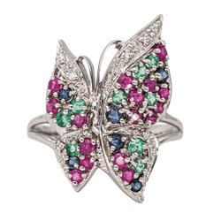 Bague Cocktail en or blanc, rubis, émeraudes, saphirs et diamants - Castafiore